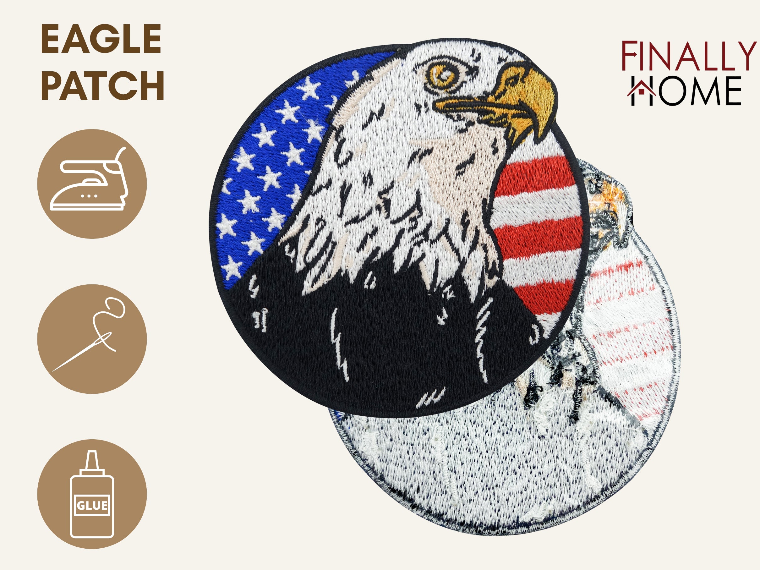 Vorder- und Rückseite des Patches, mit Bügelfolie. „Finally Home“ Logo und Nutzungsoptionen: Aufbügeln, Aufnähen, Aufkleben mit Textilkleber