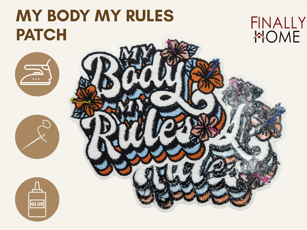 Vorder- und Rückseite des Patches, mit Bügelfolie. „Finally Home“ Logo und Nutzungsoptionen: Aufbügeln, Aufnähen, Aufkleben mit Textilkleber