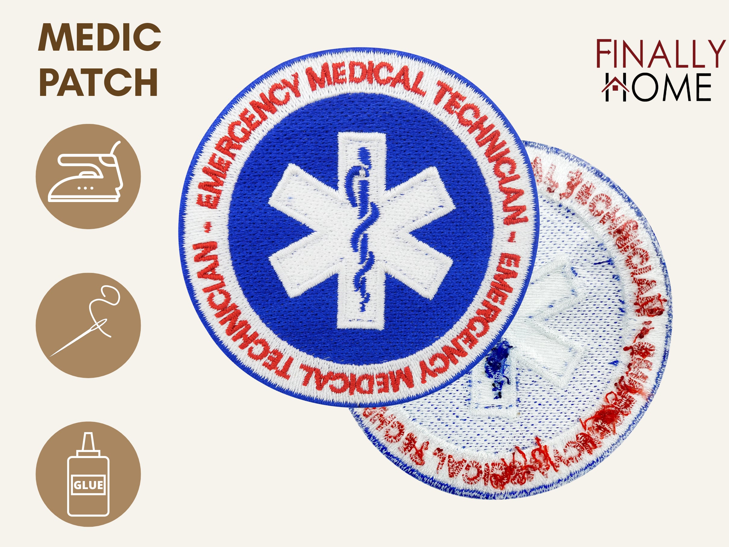  Vorder- und Rückseite des Patches, mit Bügelfolie. „Finally Home“ Logo und Nutzungsoptionen: Aufbügeln, Aufnähen, Aufkleben mit Textilkleber