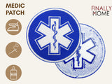 Vorder- und Rückseite des Patches, mit Bügelfolie. „Finally Home“ Logo und Nutzungsoptionen: Aufbügeln, Aufnähen, Aufkleben mit Textilkleber