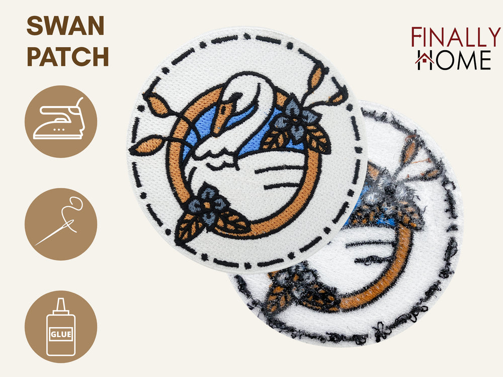 Vorder- und Rückseite des Patches, mit Bügelfolie. „Finally Home“ Logo und Nutzungsoptionen: Aufbügeln, Aufnähen, Aufkleben mit Textilkleber