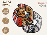 Seemann Patch mit Bügelfolie, Firmenlogo "Finally Home". Aufbügeln (Bügeleisen), Aufnähen (Nadel & Faden), Aufkleben (Textilkleber).