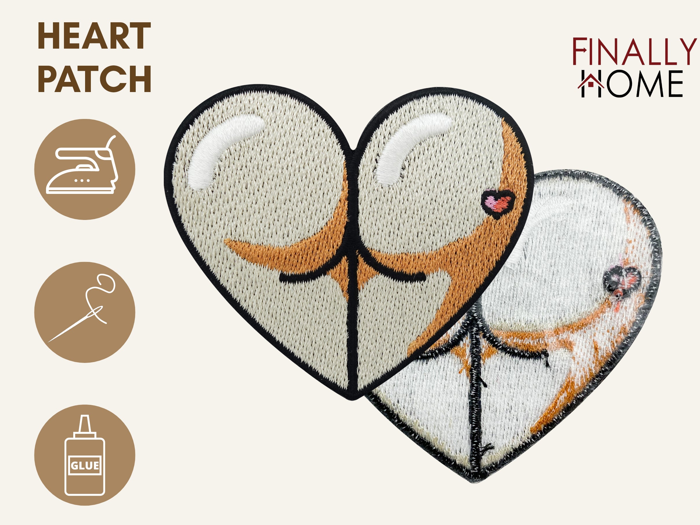Vorder- und Rückseite des Patches, mit Bügelfolie. „Finally Home“ Logo und Nutzungsoptionen: Aufbügeln, Aufnähen, Aufkleben mit Textilkleber