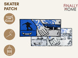 Skater Patch mit Bügelfolie, Firmenlogo "Finally Home". Aufbügeln (Bügeleisen), Aufnähen (Nadel & Faden), Aufkleben (Textilkleber).