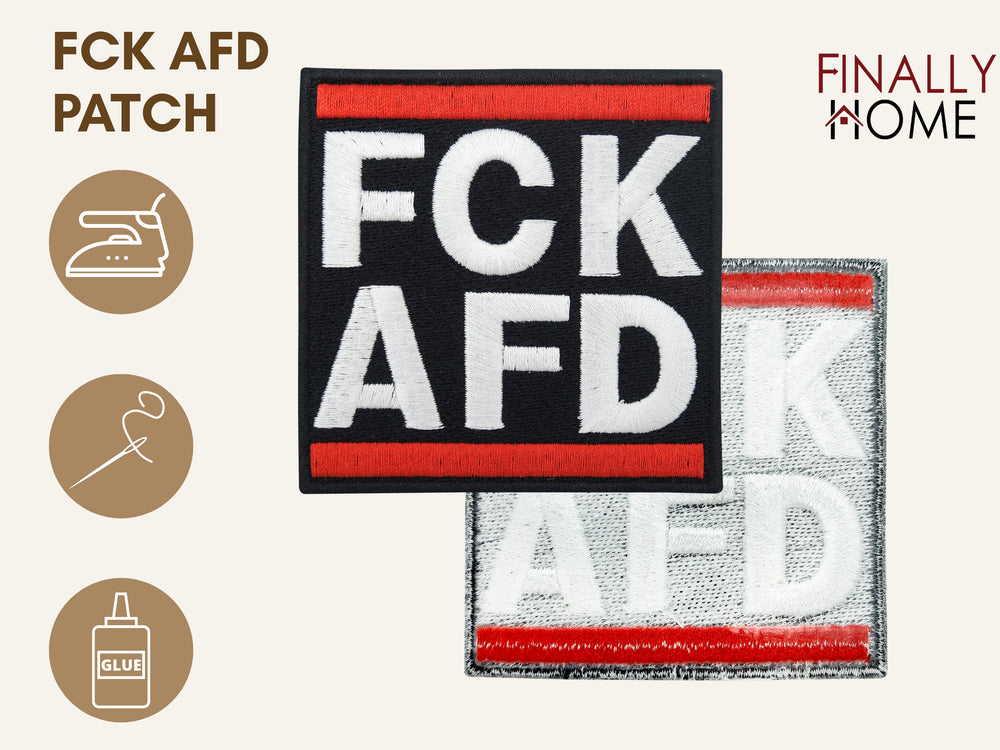 Vorder- und Rückseite des Patches, mit Bügelfolie. „Finally Home“ Logo und Nutzungsoptionen: Aufbügeln, Aufnähen, Aufkleben mit Textilkleber