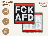 Vorder- und Rückseite des Patches, mit Bügelfolie. „Finally Home“ Logo und Nutzungsoptionen: Aufbügeln, Aufnähen, Aufkleben mit Textilkleber