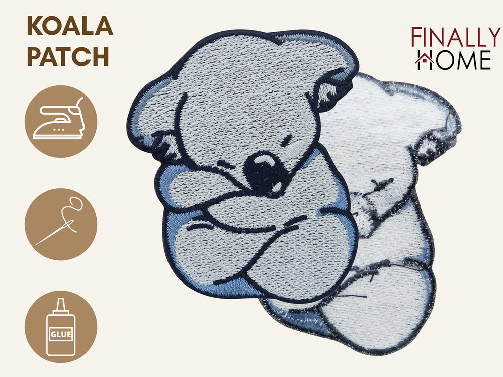  Vorder- und Rückseite des Patches, mit Bügelfolie. „Finally Home“ Logo und Nutzungsoptionen: Aufbügeln, Aufnähen, Aufkleben mit Textilkleber