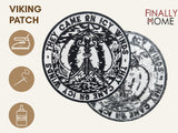 Vorder- und Rückseite des Patches, mit Bügelfolie. „Finally Home“ Logo und Nutzungsoptionen: Aufbügeln, Aufnähen, Aufkleben mit Textilkleber