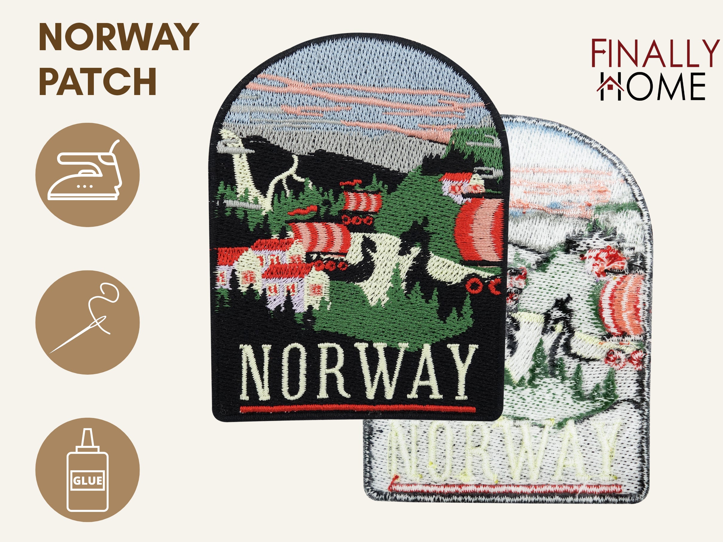 Vorder- und Rückseite des Patches, mit Bügelfolie. „Finally Home“ Logo und Nutzungsoptionen: Aufbügeln, Aufnähen, Aufkleben mit Textilkleber