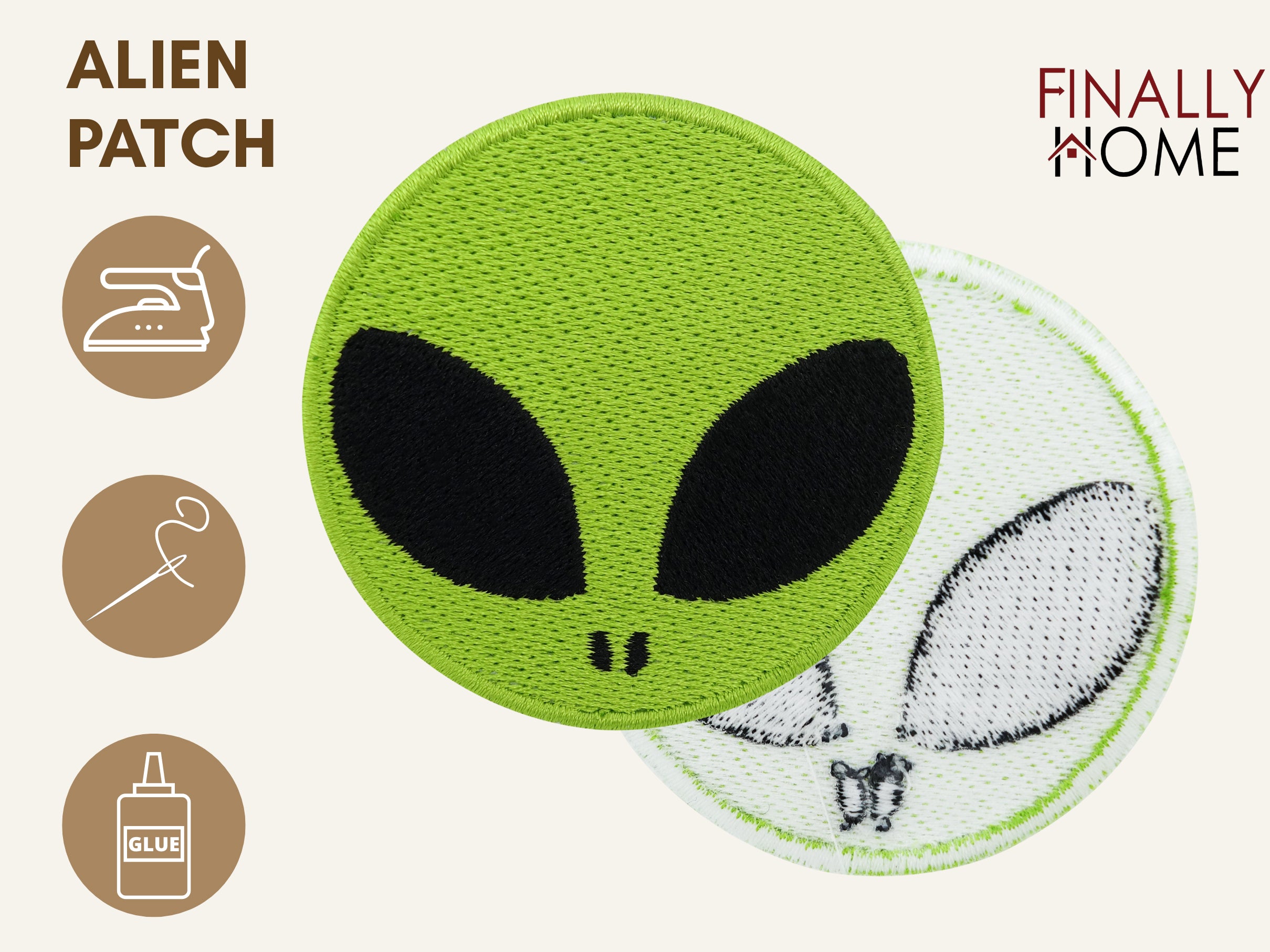 Vorder- und Rückseite des Patches, mit Bügelfolie. „Finally Home“ Logo und Nutzungsoptionen: Aufbügeln, Aufnähen, Aufkleben mit Textilkleber