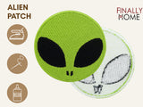 Vorder- und Rückseite des Patches, mit Bügelfolie. „Finally Home“ Logo und Nutzungsoptionen: Aufbügeln, Aufnähen, Aufkleben mit Textilkleber