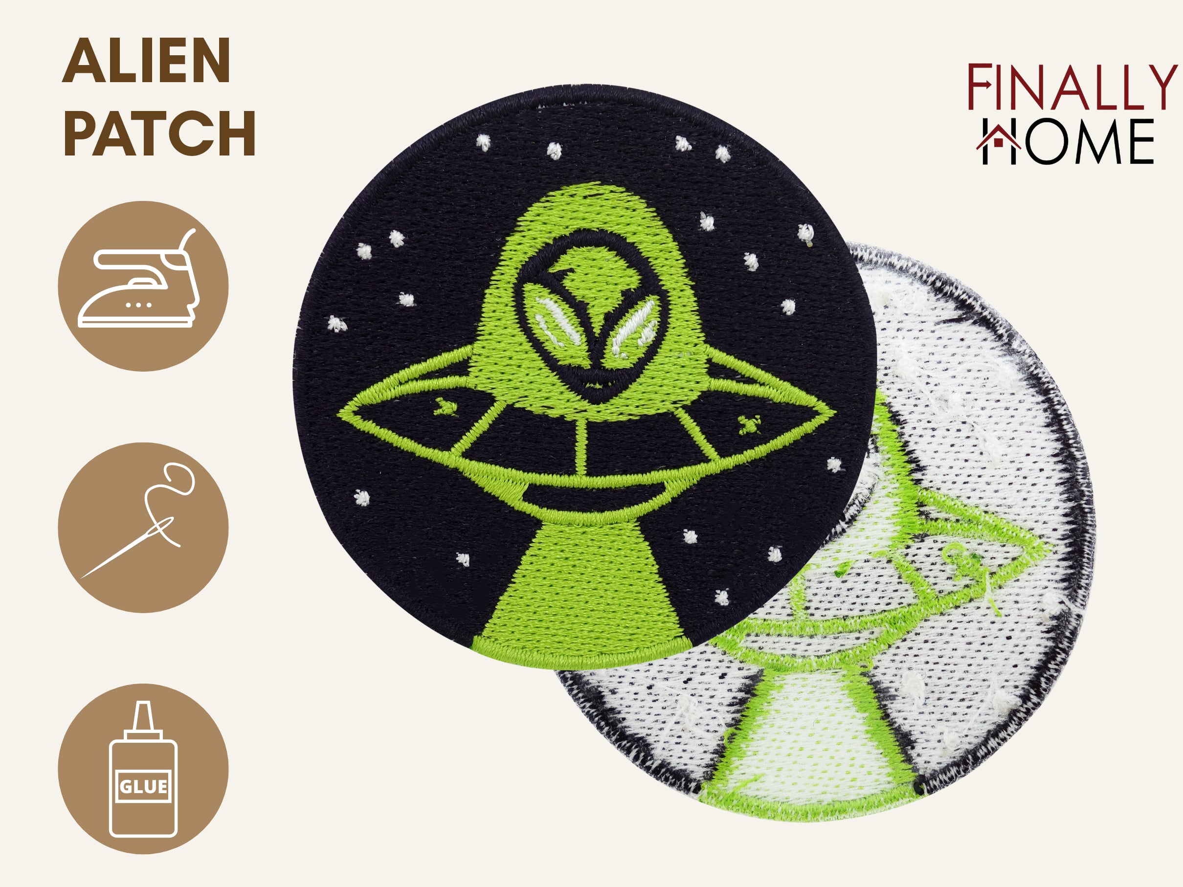 Vorder- und Rückseite des Patches, mit Bügelfolie. „Finally Home“ Logo und Nutzungsoptionen: Aufbügeln, Aufnähen, Aufkleben mit Textilkleber