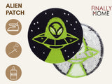 Vorder- und Rückseite des Patches, mit Bügelfolie. „Finally Home“ Logo und Nutzungsoptionen: Aufbügeln, Aufnähen, Aufkleben mit Textilkleber