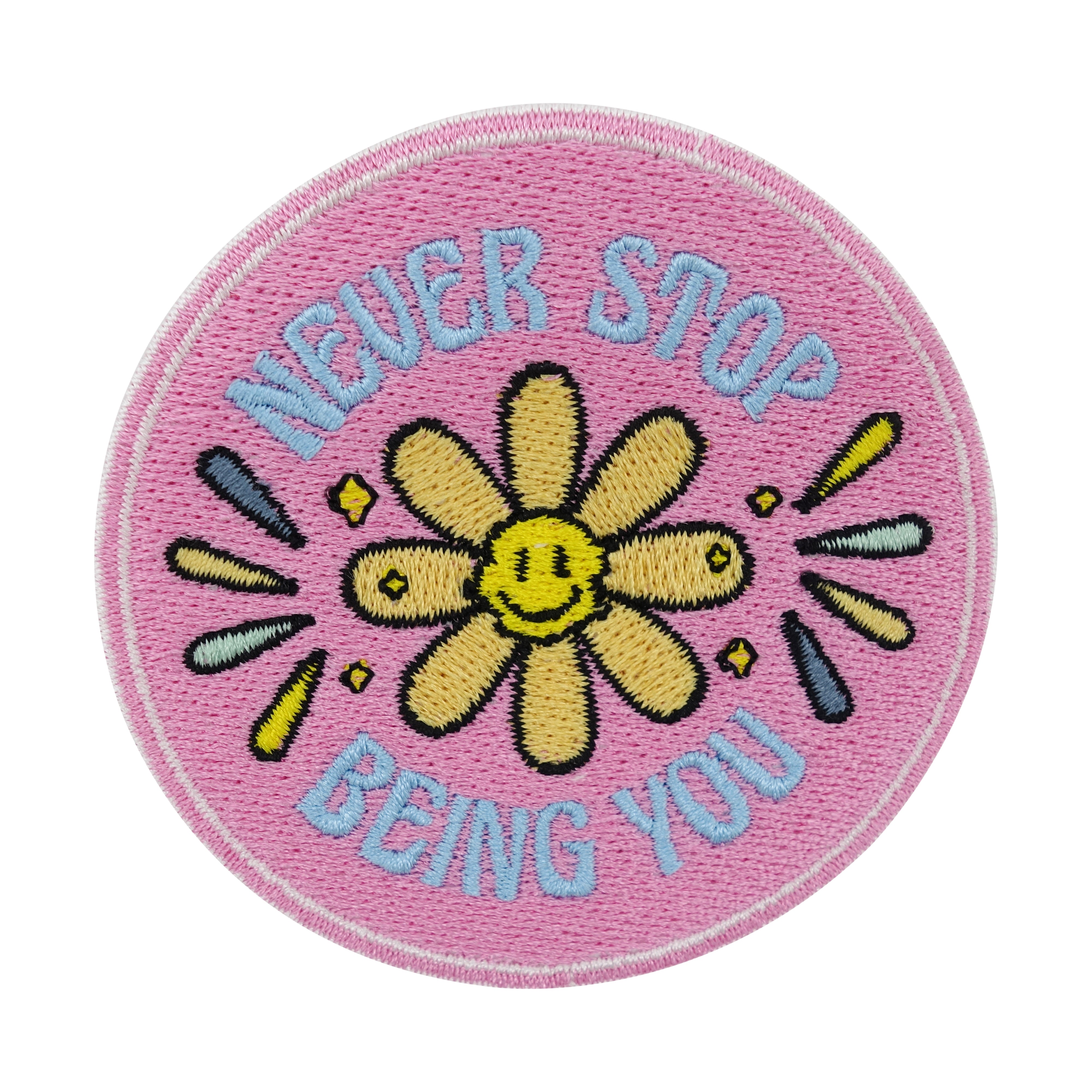 Pinker Never Stop Being You Patch mit Sonnenblume in der Mitte