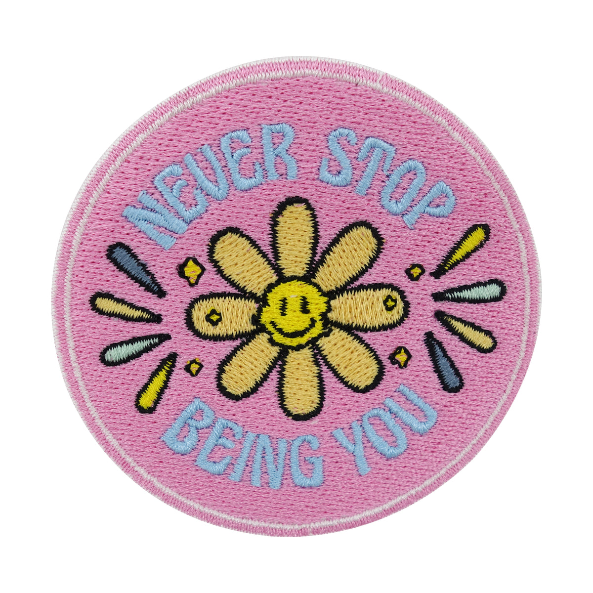 Pinker Never Stop Being You Patch mit Sonnenblume in der Mitte