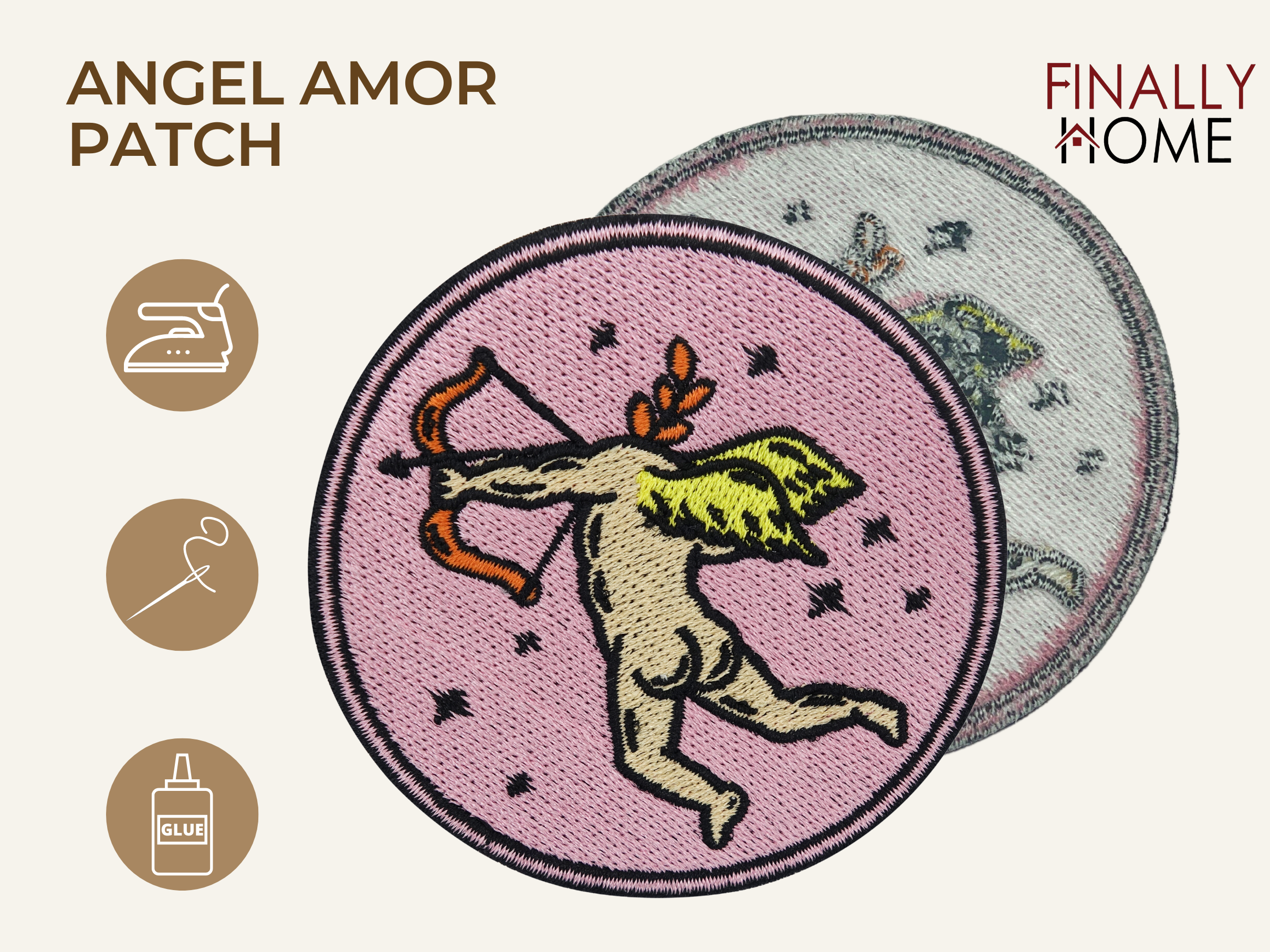Vorder- und Rückseite des Patches, mit Bügelfolie. „Finally Home“ Logo und Nutzungsoptionen: Aufbügeln, Aufnähen, Aufkleben mit Textilkleber