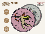 Vorder- und Rückseite des Patches, mit Bügelfolie. „Finally Home“ Logo und Nutzungsoptionen: Aufbügeln, Aufnähen, Aufkleben mit Textilkleber