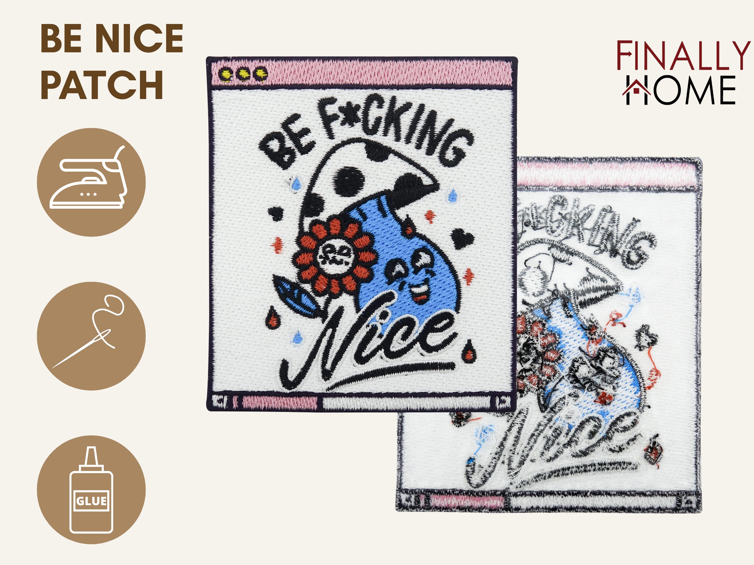 Vorder- und Rückseite des Patches, mit Bügelfolie. „Finally Home“ Logo und Nutzungsoptionen: Aufbügeln, Aufnähen, Aufkleben mit Textilkleber