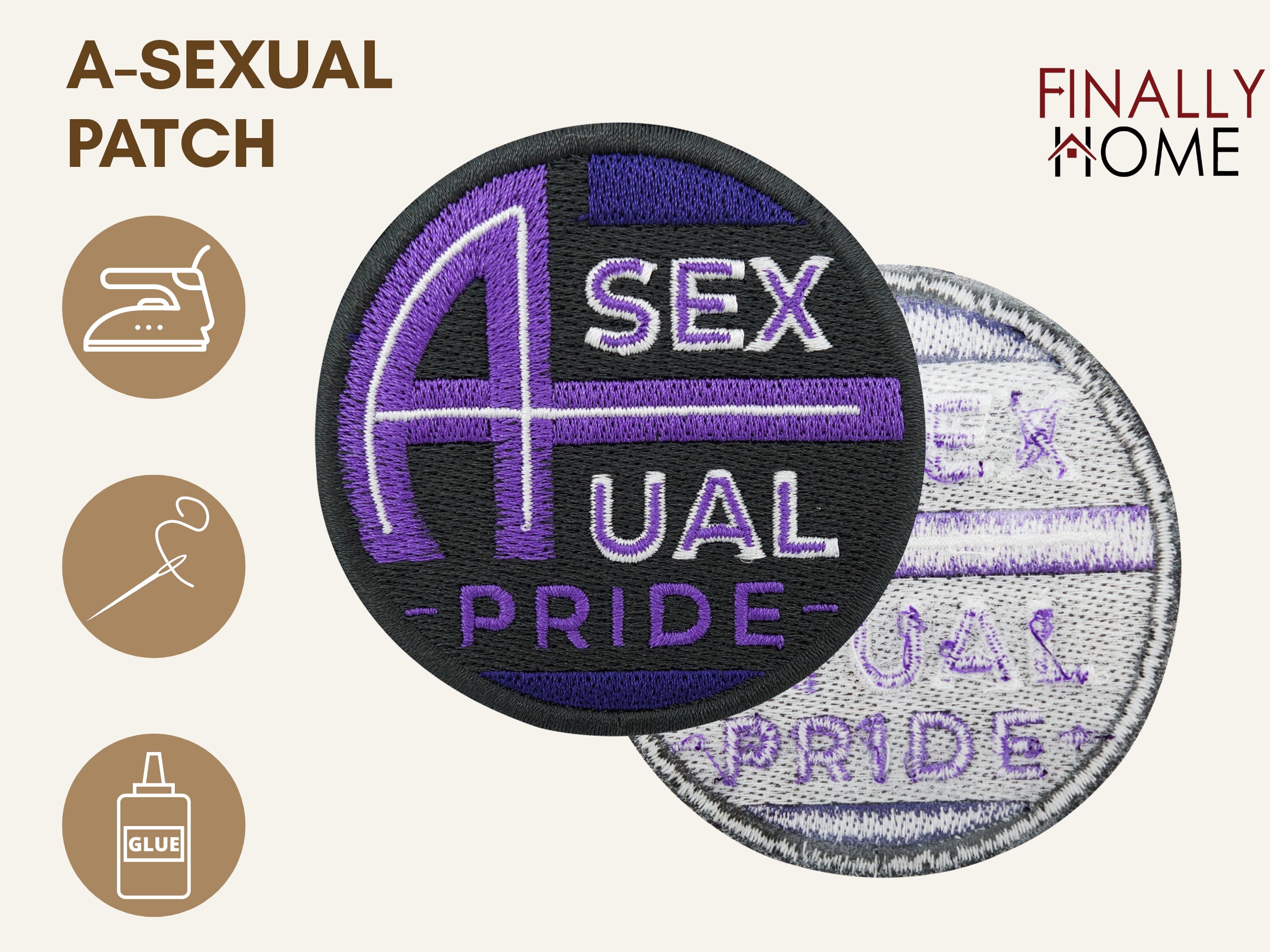 Vorder- und Rückseite des Patches, mit Bügelfolie. „Finally Home“ Logo und Nutzungsoptionen: Aufbügeln, Aufnähen, Aufkleben mit Textilkleber