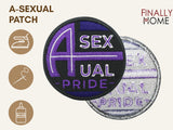 Vorder- und Rückseite des Patches, mit Bügelfolie. „Finally Home“ Logo und Nutzungsoptionen: Aufbügeln, Aufnähen, Aufkleben mit Textilkleber