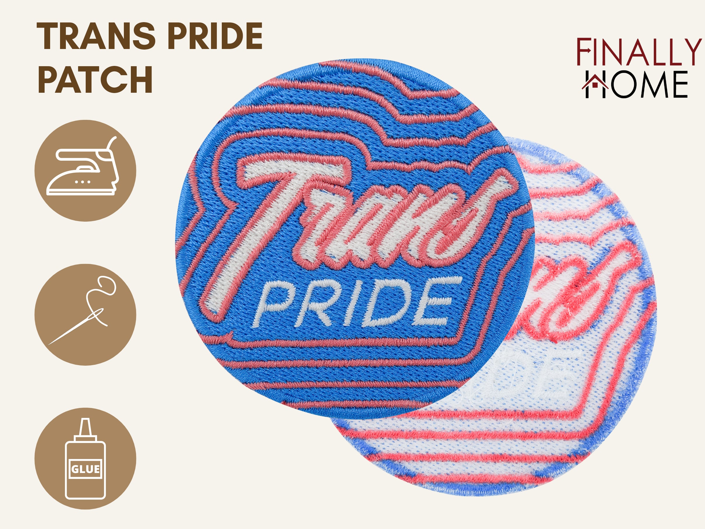 Vorder- und Rückseite des Patches, mit Bügelfolie. „Finally Home“ Logo und Nutzungsoptionen: Aufbügeln, Aufnähen, Aufkleben mit Textilkleber