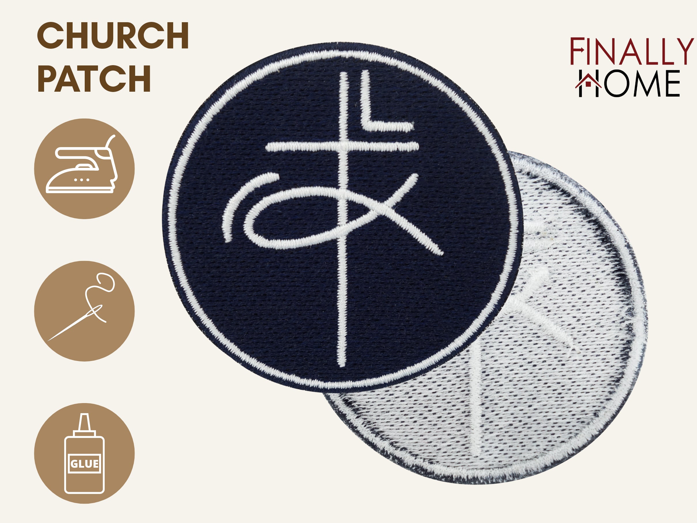 Vorder- und Rückseite des Patches, mit Bügelfolie. „Finally Home“ Logo und Nutzungsoptionen: Aufbügeln, Aufnähen, Aufkleben mit Textilkleber