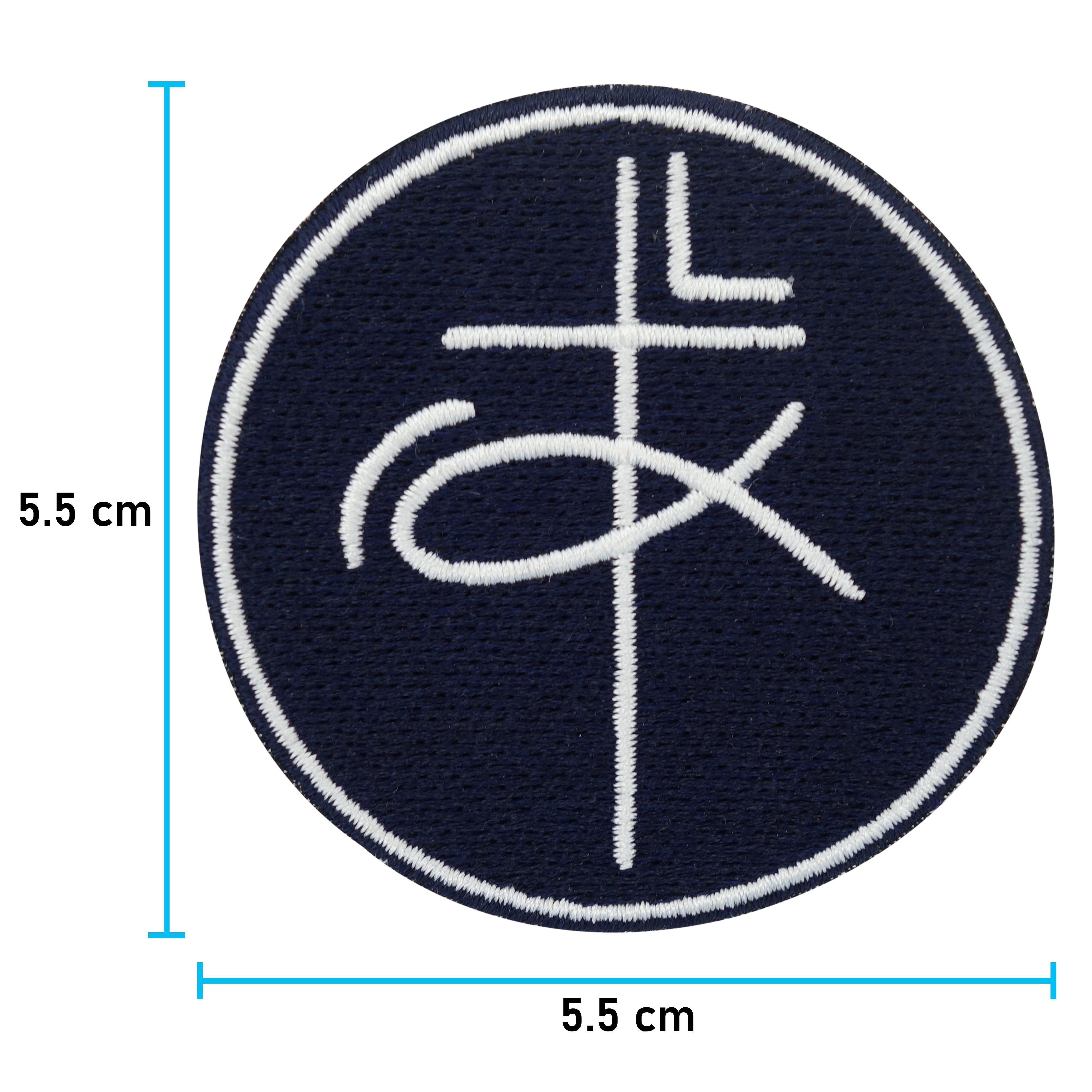 Kreuz & Fisch Patch mit der Maße: 5,5 x 5,5 cm