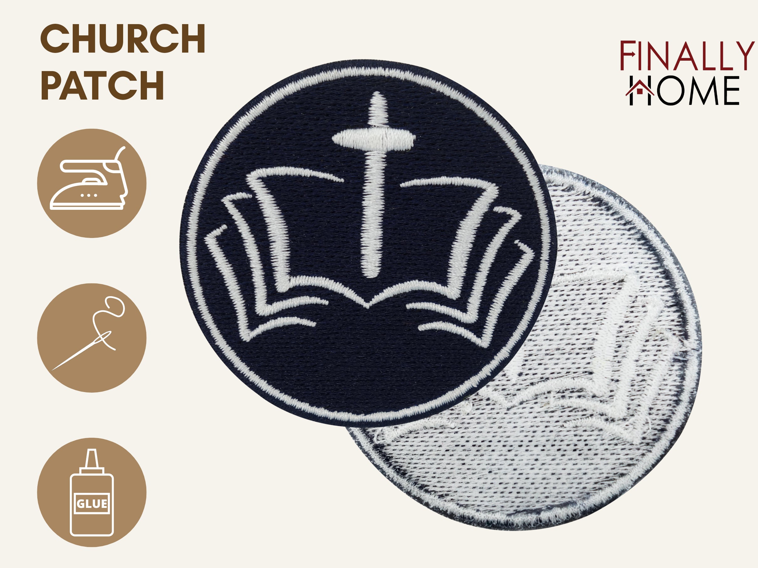 Vorder- und Rückseite des Patches, mit Bügelfolie. „Finally Home“ Logo und Nutzungsoptionen: Aufbügeln, Aufnähen, Aufkleben mit Textilkleber
