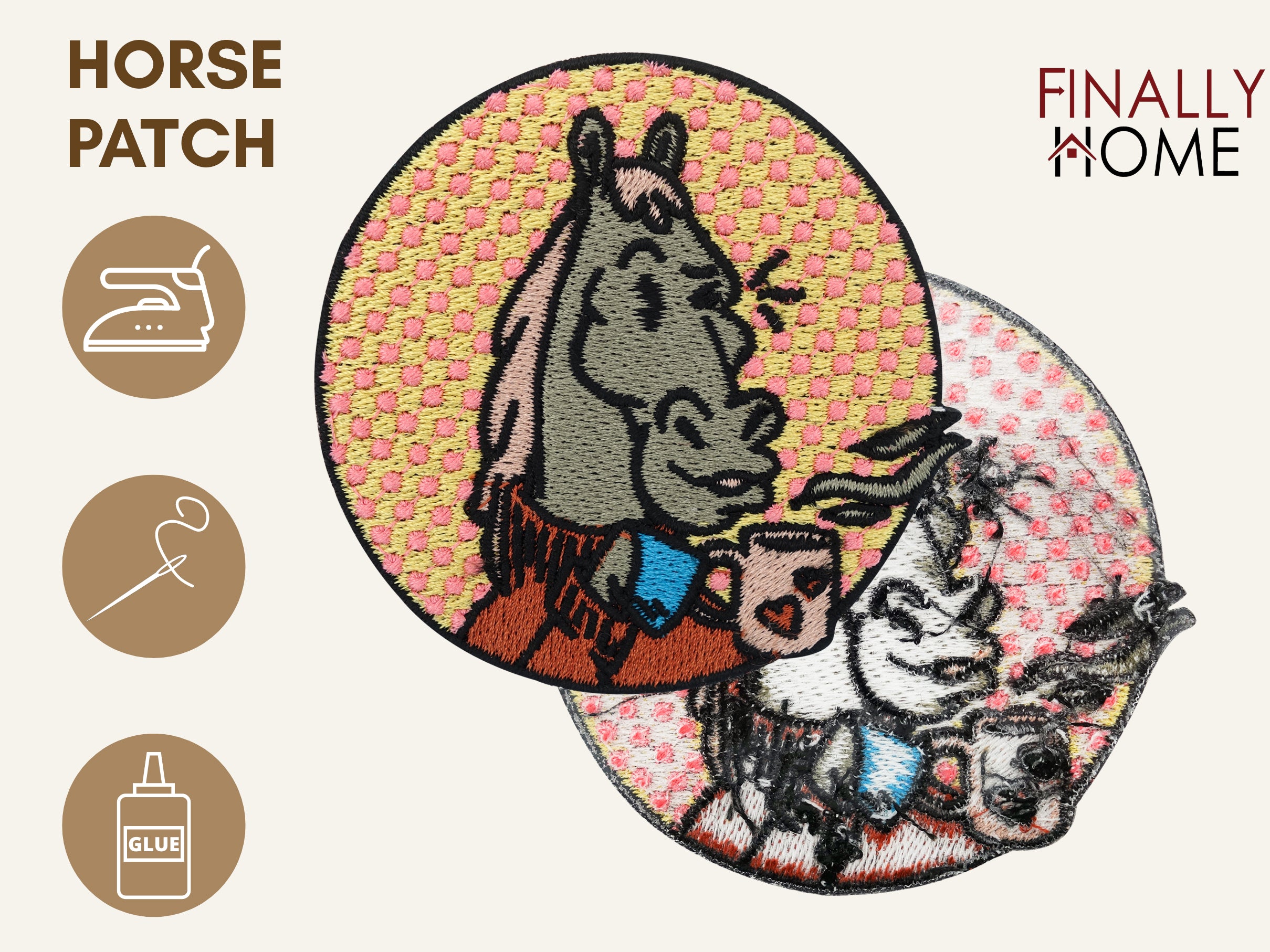 Vorder- und Rückseite des Patches, mit Bügelfolie. „Finally Home“ Logo und Nutzungsoptionen: Aufbügeln, Aufnähen, Aufkleben mit Textilkleber