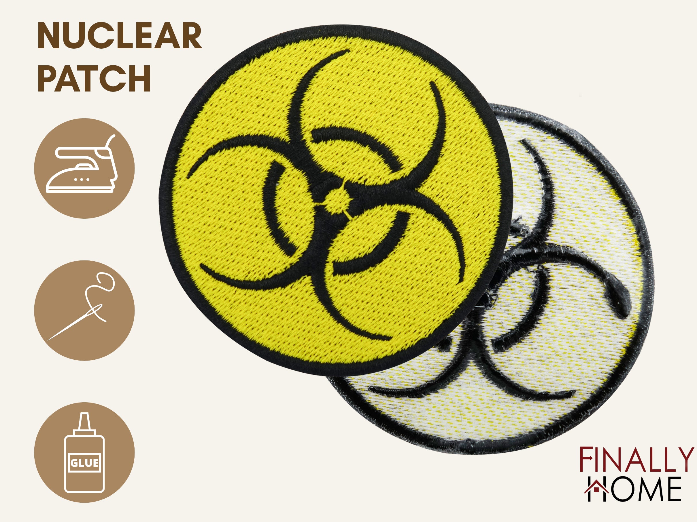  Vorder- und Rückseite des Patches, mit Bügelfolie. „Finally Home“ Logo und Nutzungsoptionen: Aufbügeln, Aufnähen, Aufkleben mit Textilkleber