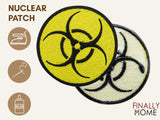  Vorder- und Rückseite des Patches, mit Bügelfolie. „Finally Home“ Logo und Nutzungsoptionen: Aufbügeln, Aufnähen, Aufkleben mit Textilkleber