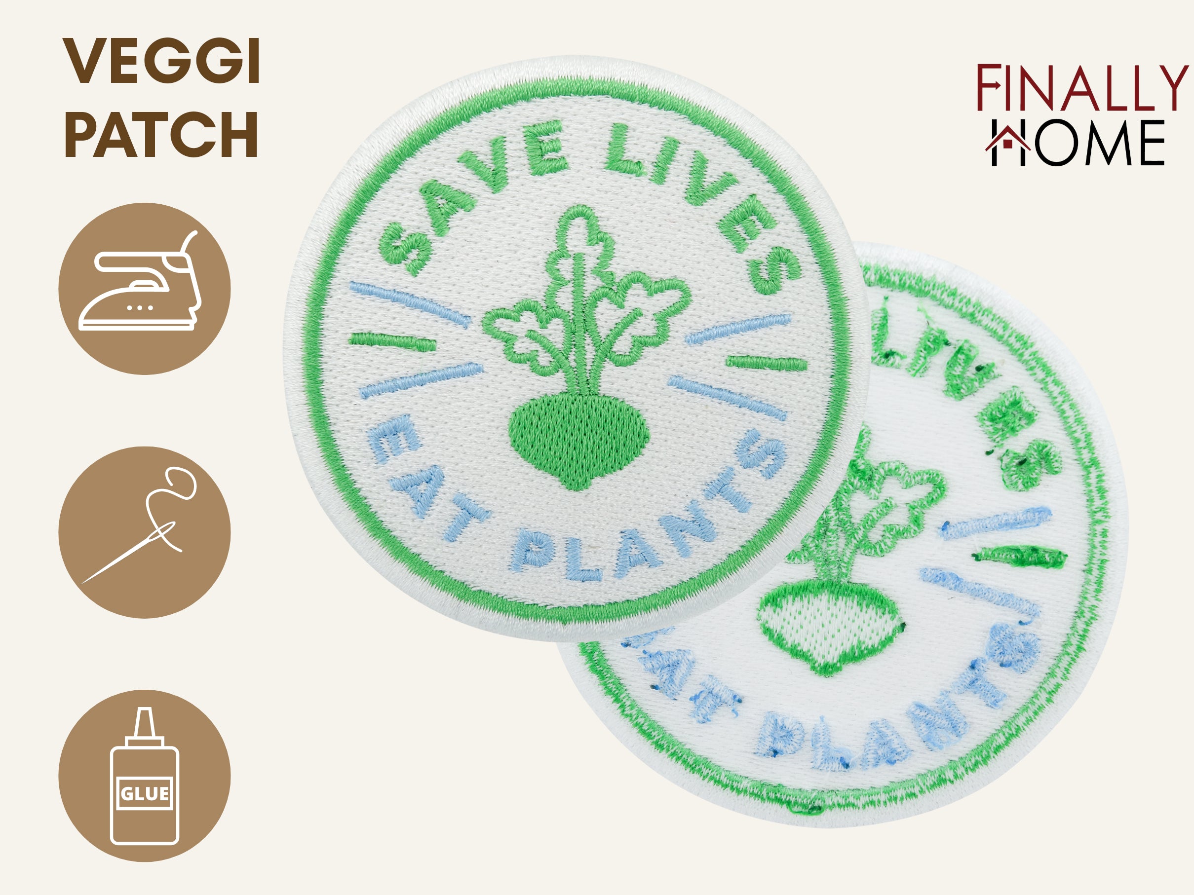 Vorder- und Rückseite des Patches, mit Bügelfolie. „Finally Home“ Logo und Nutzungsoptionen: Aufbügeln, Aufnähen, Aufkleben mit Textilkleber