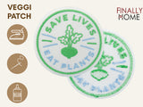 Vorder- und Rückseite des Patches, mit Bügelfolie. „Finally Home“ Logo und Nutzungsoptionen: Aufbügeln, Aufnähen, Aufkleben mit Textilkleber