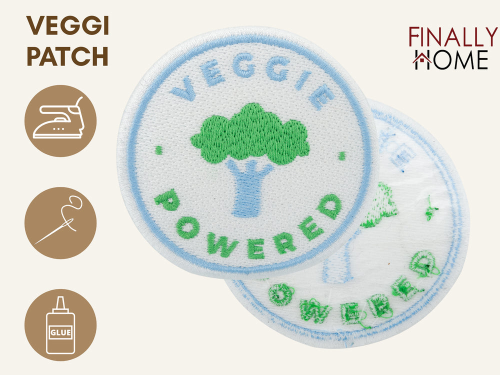 Vorder- und Rückseite des Patches, mit Bügelfolie. „Finally Home“ Logo und Nutzungsoptionen: Aufbügeln, Aufnähen, Aufkleben mit Textilkleber