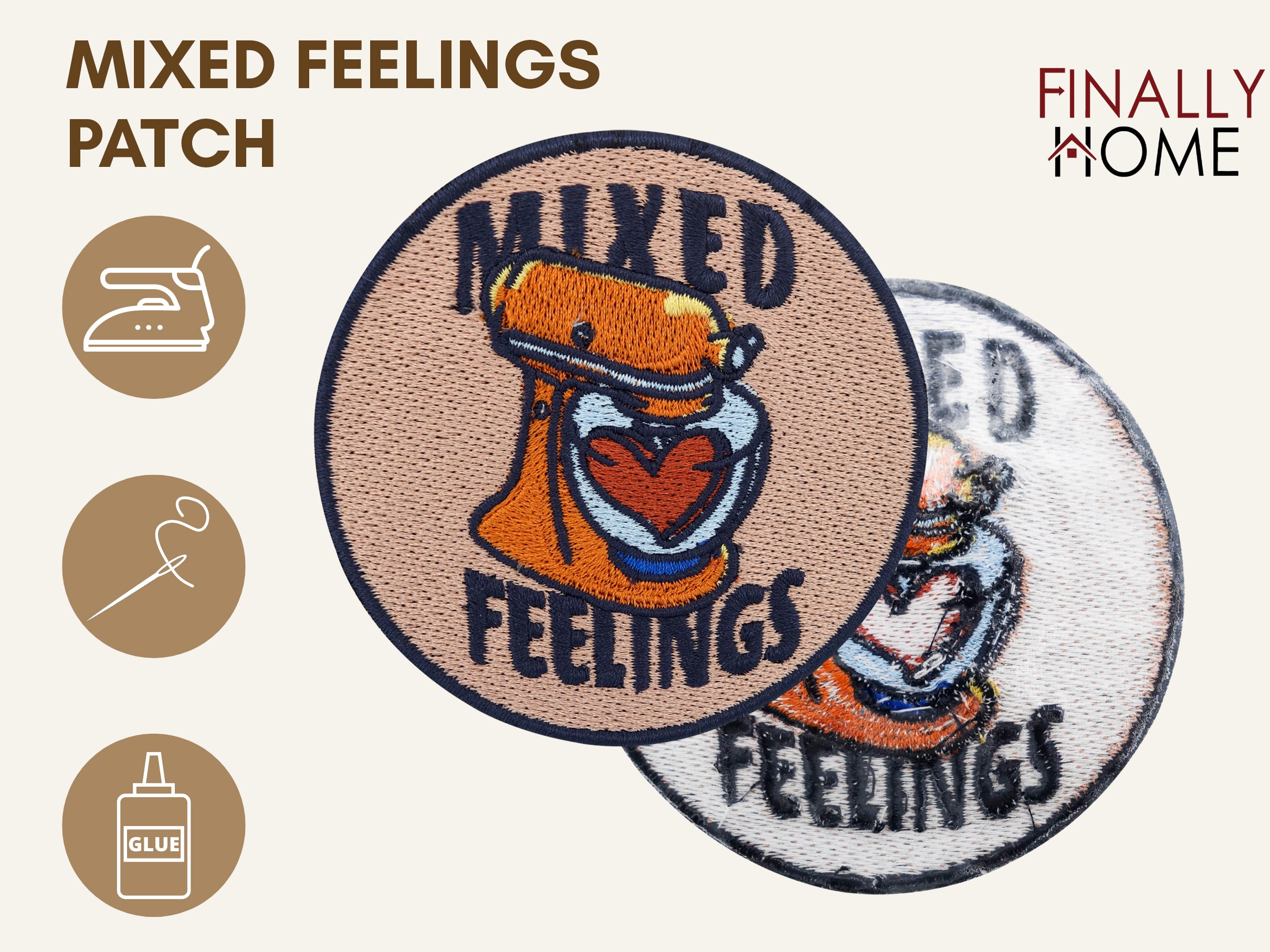 Vorder- und Rückseite des Patches, mit Bügelfolie. „Finally Home“ Logo und Nutzungsoptionen: Aufbügeln, Aufnähen, Aufkleben mit Textilkleber