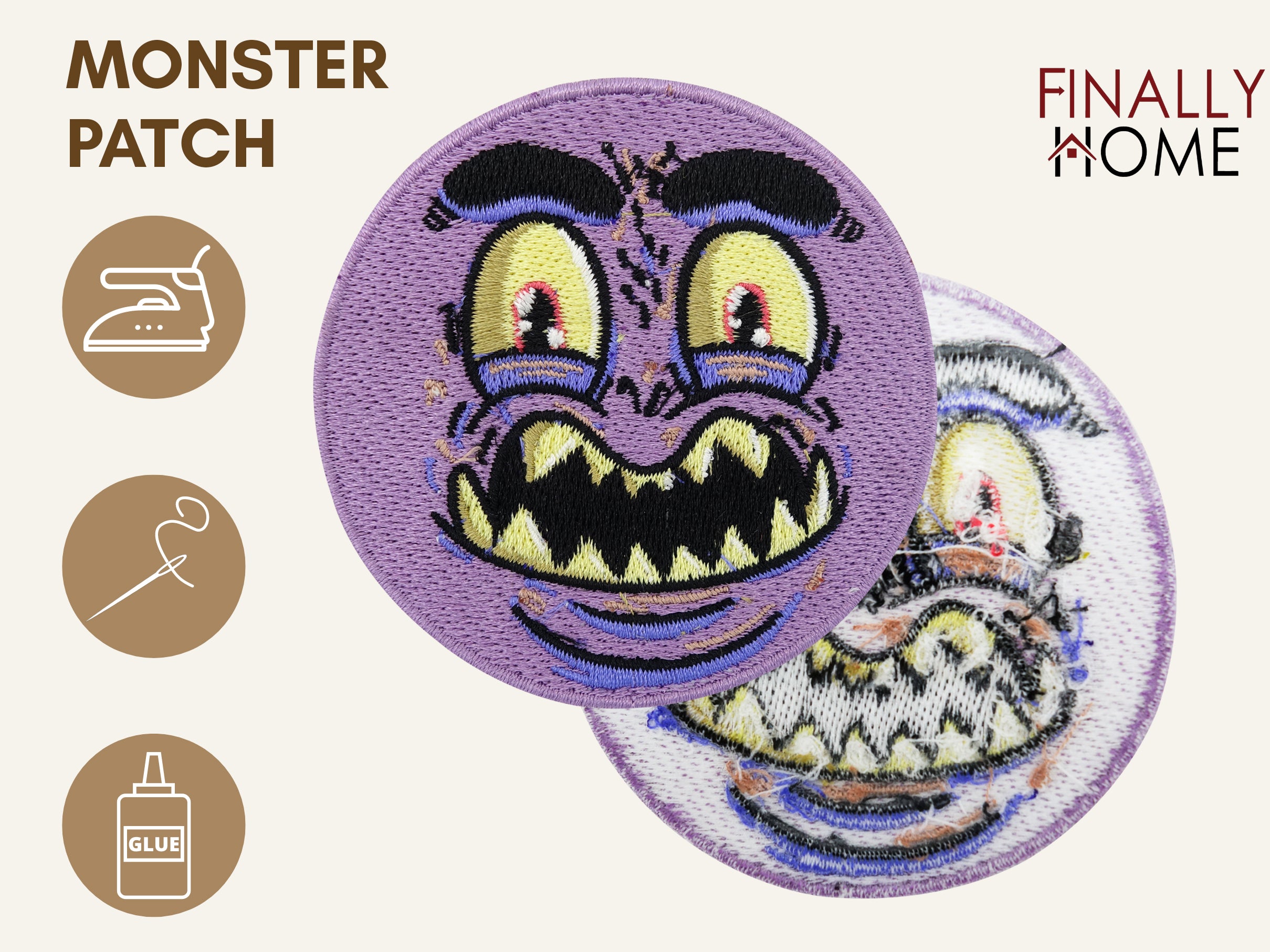  Vorder- und Rückseite des Patches, mit Bügelfolie. „Finally Home“ Logo und Nutzungsoptionen: Aufbügeln, Aufnähen, Aufkleben mit Textilkleber