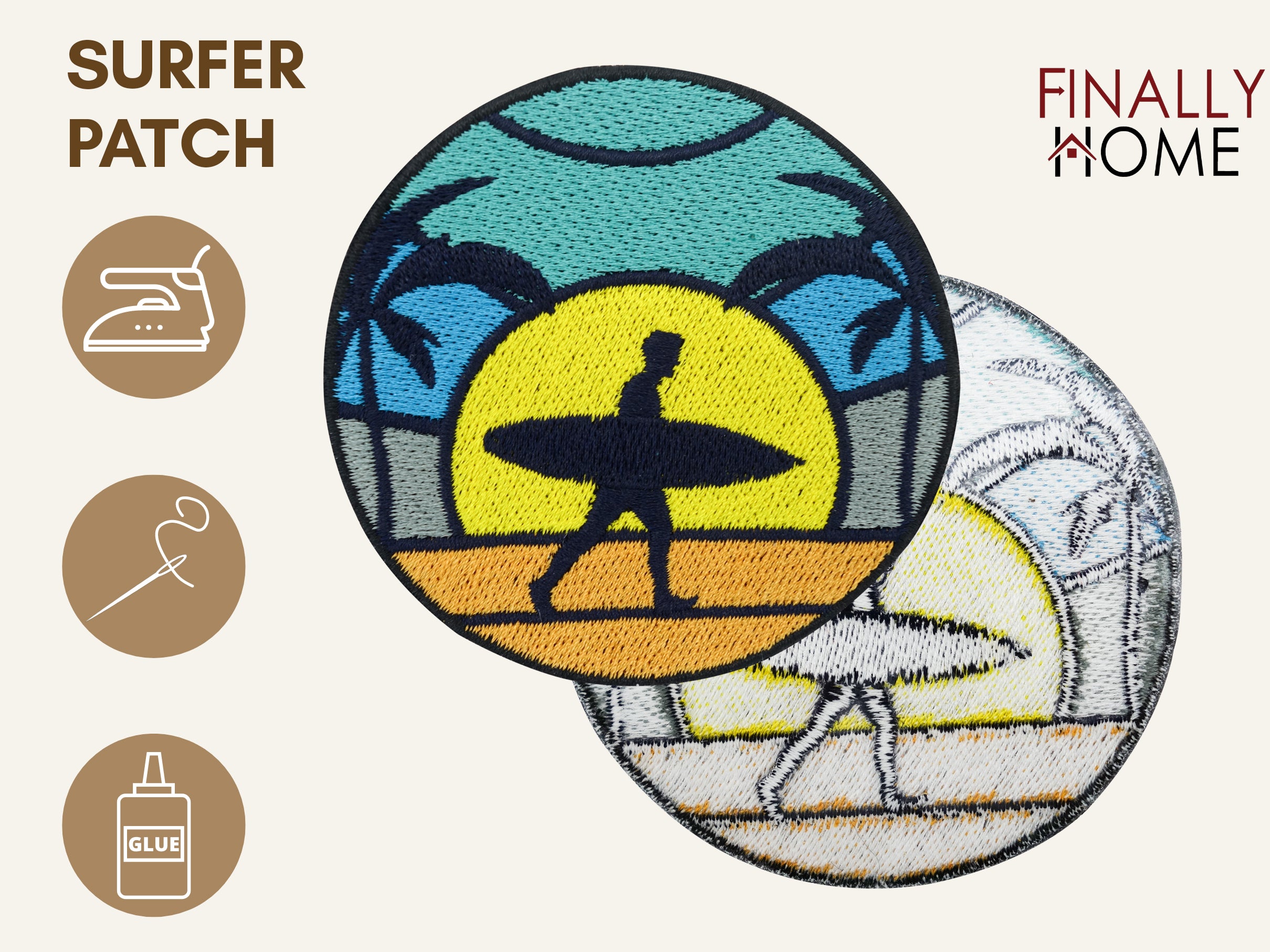 Vorder- und Rückseite des Patches, mit Bügelfolie. „Finally Home“ Logo und Nutzungsoptionen: Aufbügeln, Aufnähen, Aufkleben mit Textilkleber