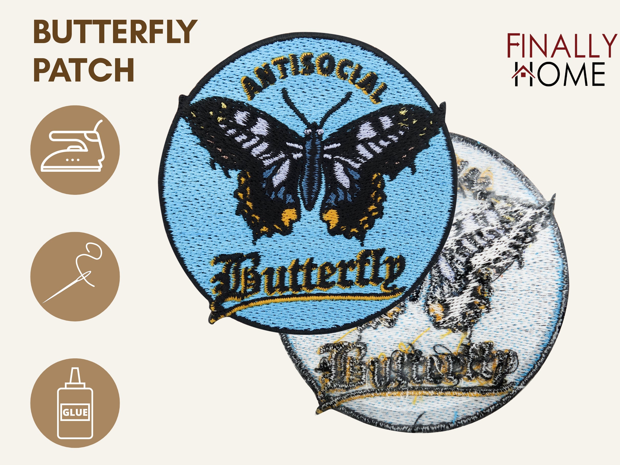 Vorder- und Rückseite des Patches, mit Bügelfolie. „Finally Home“ Logo und Nutzungsoptionen: Aufbügeln, Aufnähen, Aufkleben mit Textilkleber