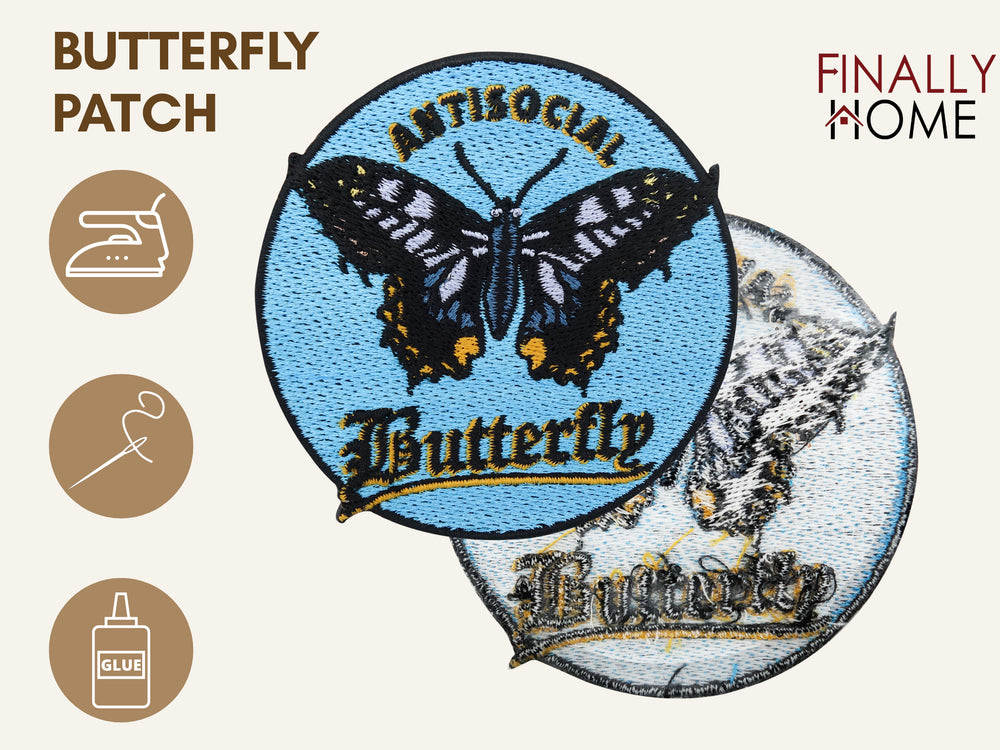 Vorder- und Rückseite des Patches, mit Bügelfolie. „Finally Home“ Logo und Nutzungsoptionen: Aufbügeln, Aufnähen, Aufkleben mit Textilkleber