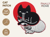 Vorder- und Rückseite des Patches, mit Bügelfolie. „Finally Home“ Logo und Nutzungsoptionen: Aufbügeln, Aufnähen, Aufkleben mit Textilkleber