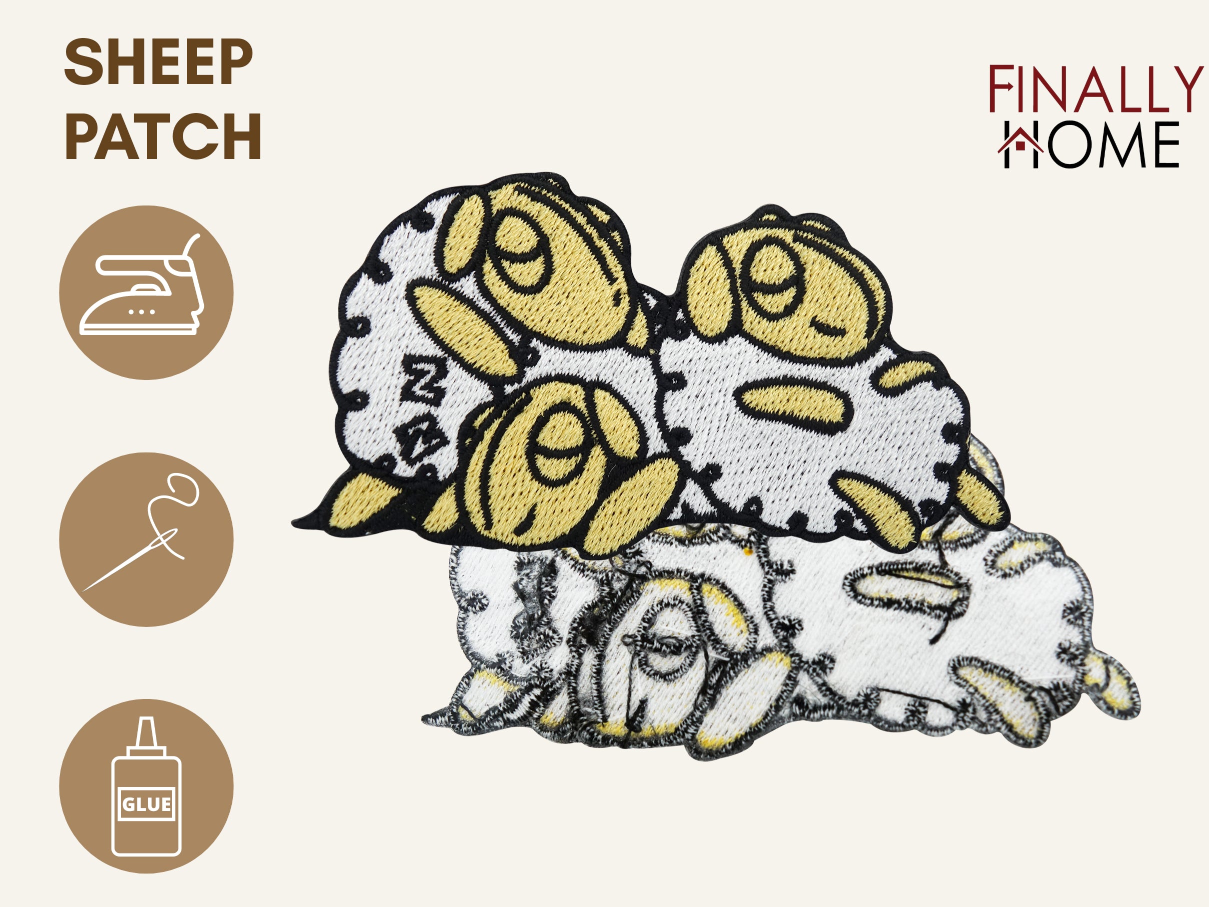 Vorder- und Rückseite des Patches, mit Bügelfolie. „Finally Home“ Logo und Nutzungsoptionen: Aufbügeln, Aufnähen, Aufkleben mit Textilkleber