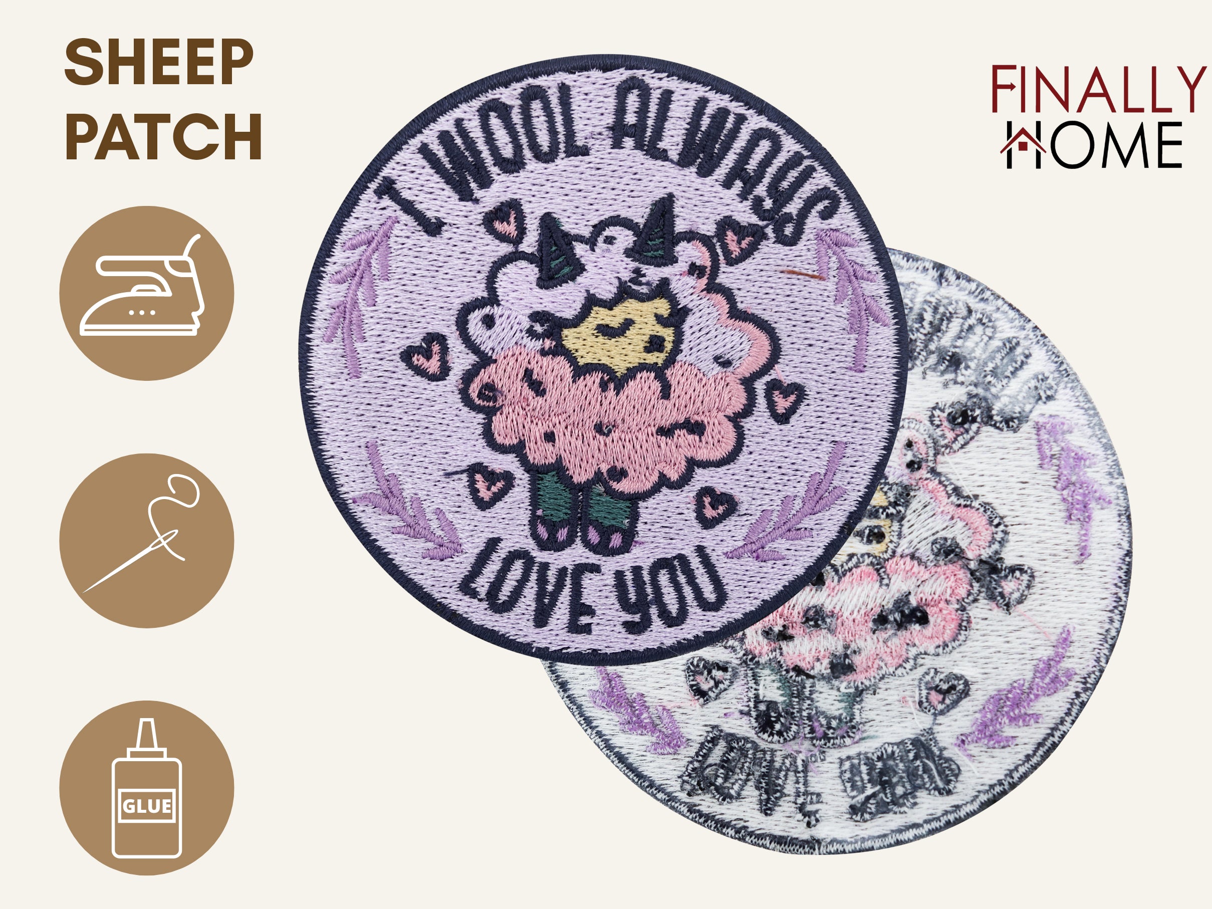 Vorder- und Rückseite des Patches, mit Bügelfolie. „Finally Home“ Logo und Nutzungsoptionen: Aufbügeln, Aufnähen, Aufkleben mit Textilkleber