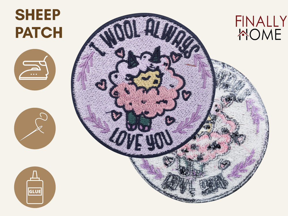 Vorder- und Rückseite des Patches, mit Bügelfolie. „Finally Home“ Logo und Nutzungsoptionen: Aufbügeln, Aufnähen, Aufkleben mit Textilkleber