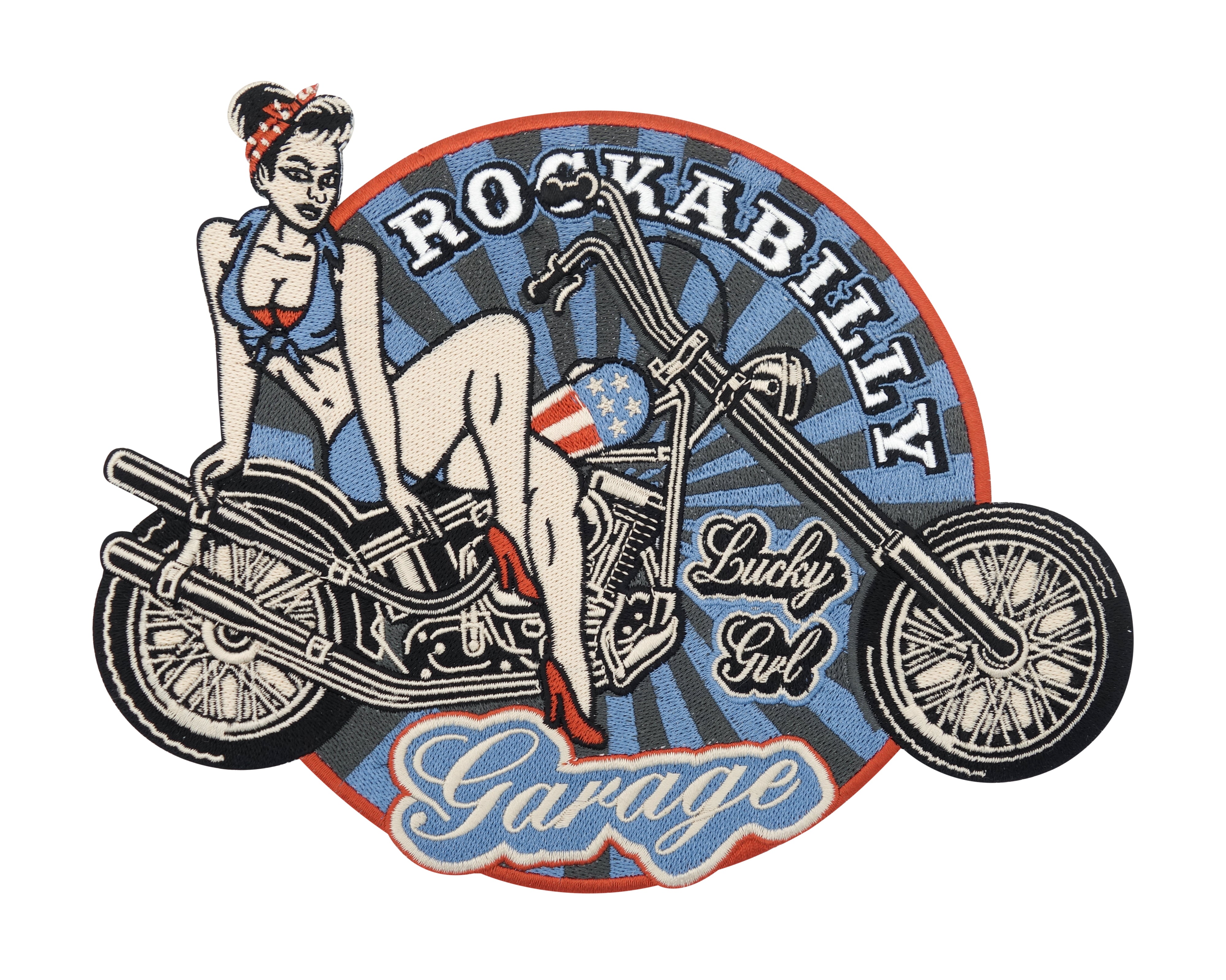 Blauer Rockabilly Girl auf Motorrad Patch
