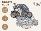 Vorder- und Rückseite des Patches, mit Bügelfolie. „Finally Home“ Logo und Nutzungsoptionen: Aufbügeln, Aufnähen, Aufkleben mit Textilkleber