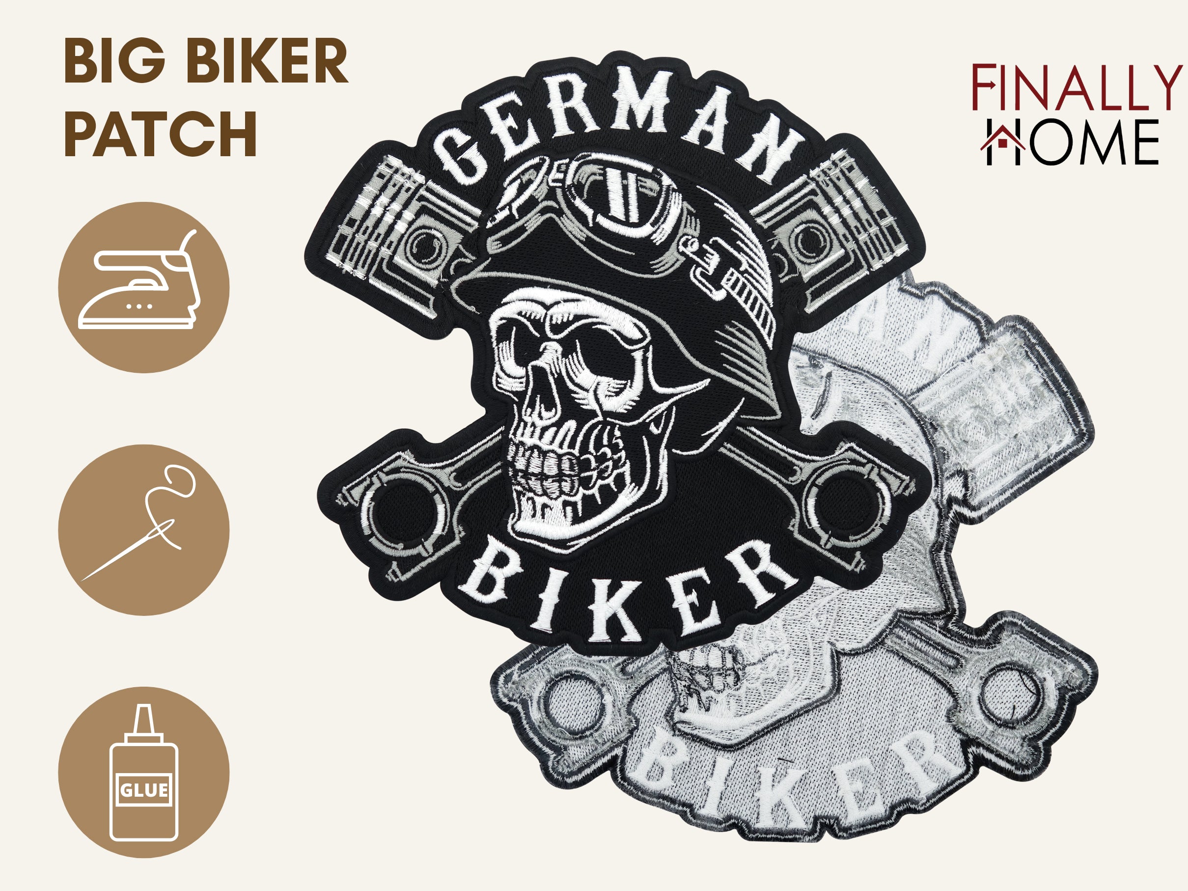 Vorder- und Rückseite des Patches, mit Bügelfolie. „Finally Home“ Logo und Nutzungsoptionen: Aufbügeln, Aufnähen, Aufkleben mit Textilkleber