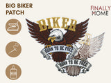 Vorder- und Rückseite des Patches, mit Bügelfolie. „Finally Home“ Logo und Nutzungsoptionen: Aufbügeln, Aufnähen, Aufkleben mit Textilkleber