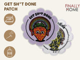 Vorder- und Rückseite des Patches, mit Bügelfolie. „Finally Home“ Logo und Nutzungsoptionen: Aufbügeln, Aufnähen, Aufkleben mit Textilkleber