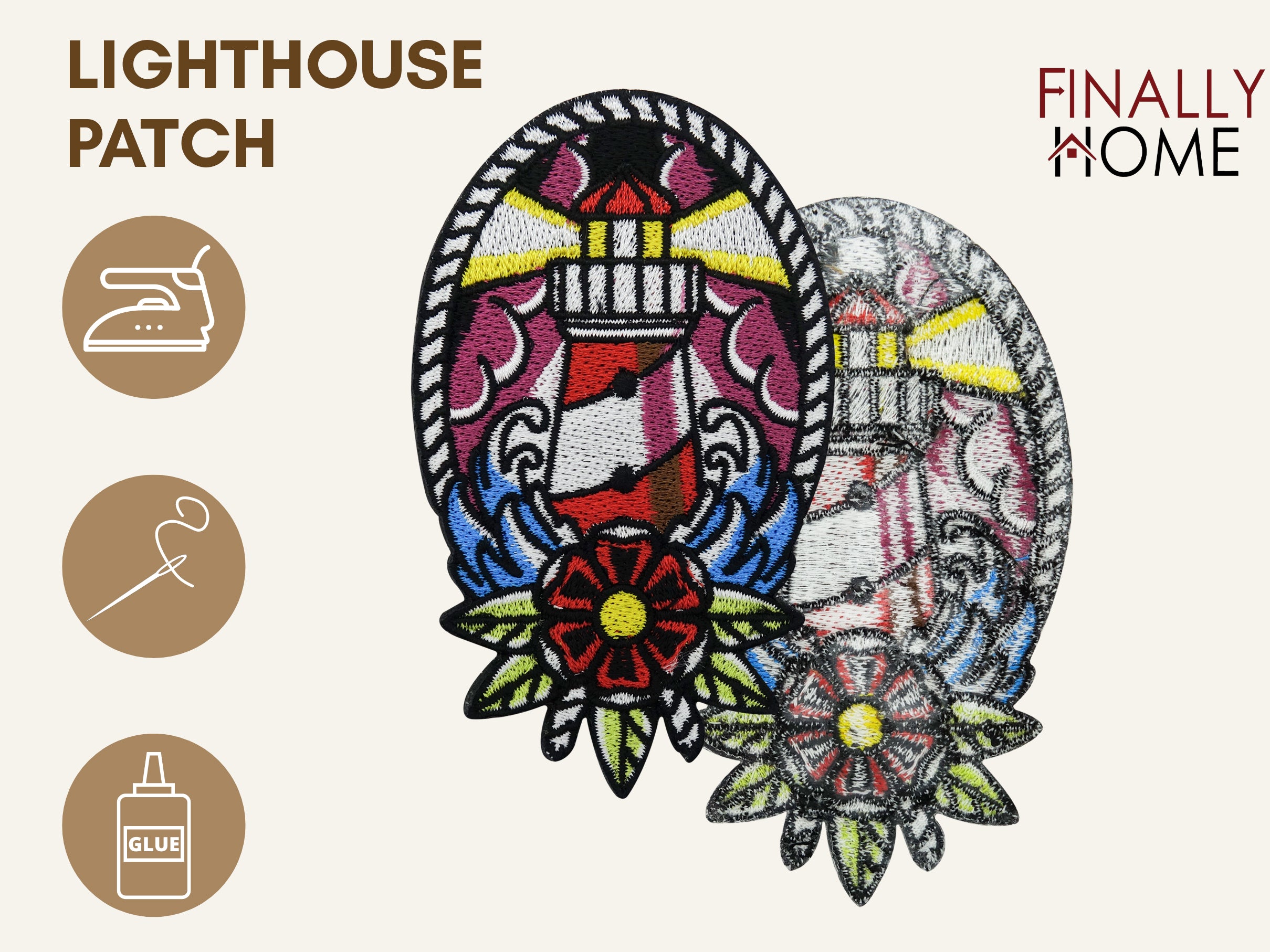 Vorder- und Rückseite des Patches, mit Bügelfolie. „Finally Home“ Logo und Nutzungsoptionen: Aufbügeln, Aufnähen, Aufkleben mit Textilkleber