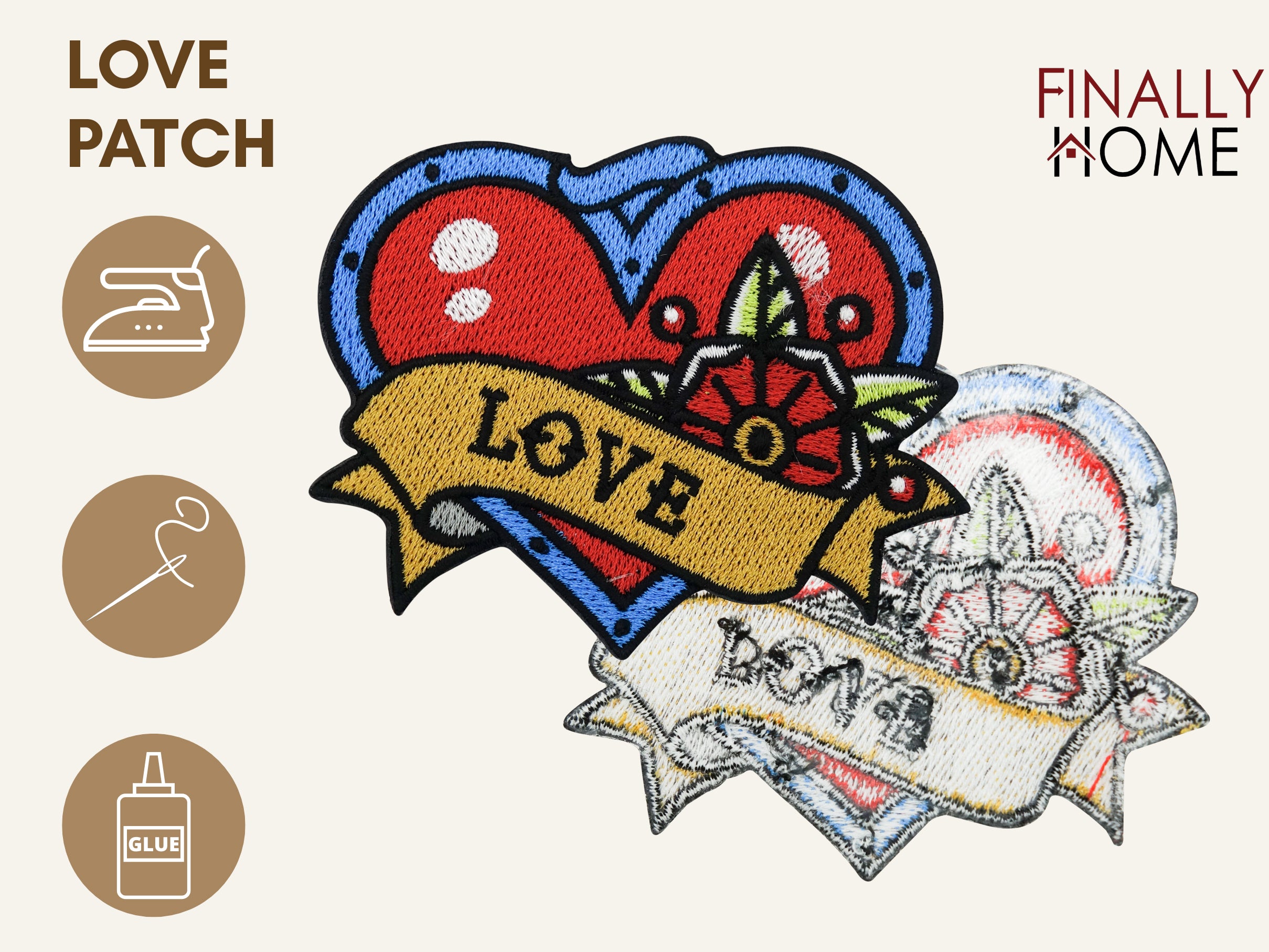 Vorder- und Rückseite des Patches, mit Bügelfolie. „Finally Home“ Logo und Nutzungsoptionen: Aufbügeln, Aufnähen, Aufkleben mit Textilkleber